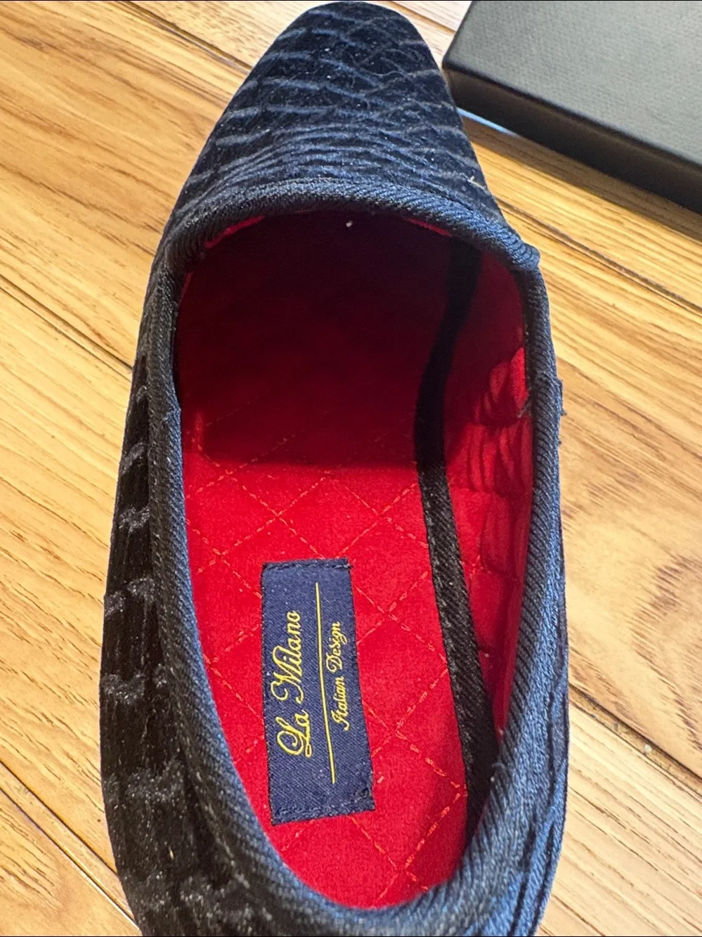 Milano Black Velvet Slip-On Loafers with Red Quilted Lining